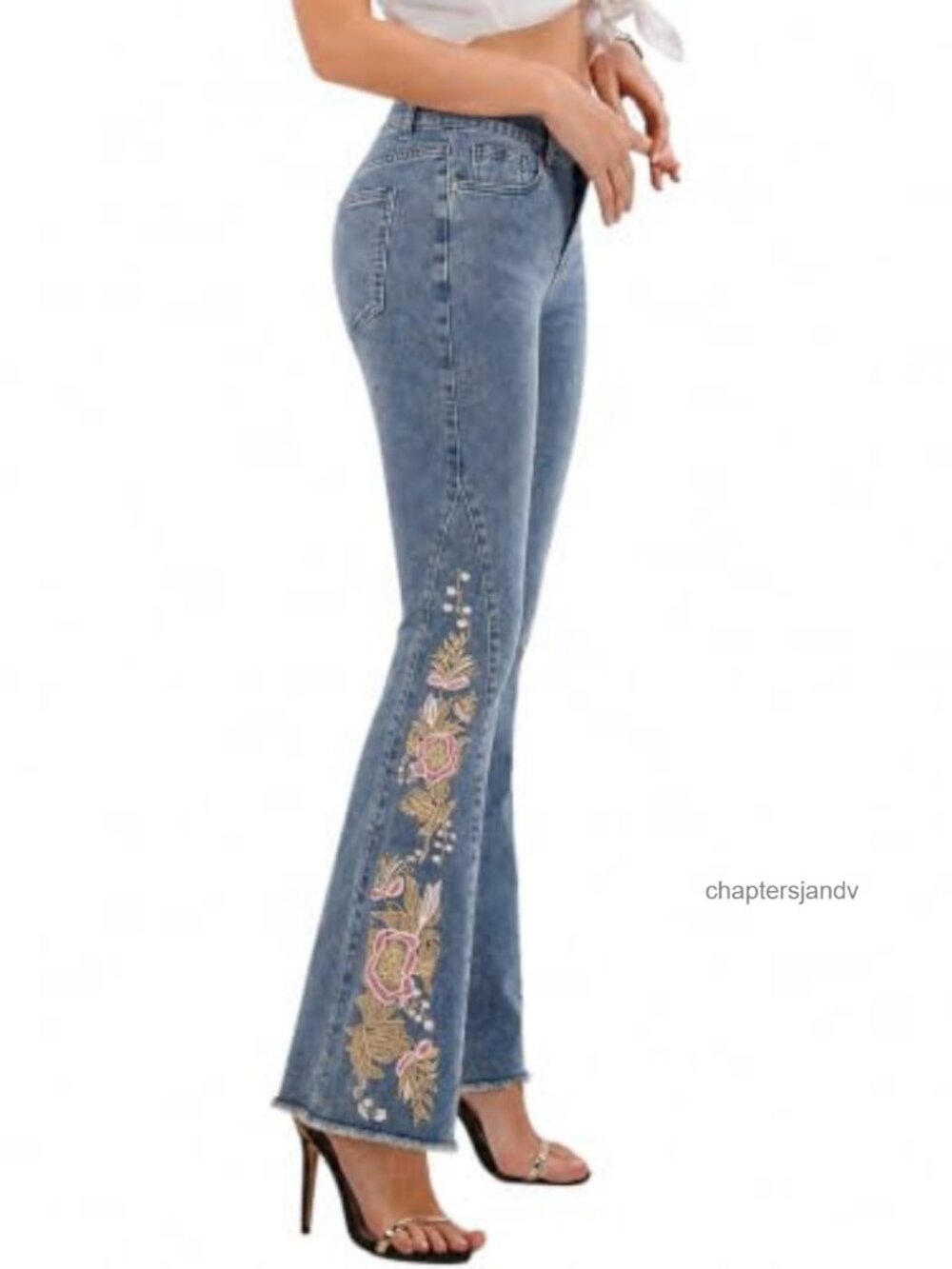 Floral Embroidered High Rise Flare Jeans Stretch Denim Raw Hem